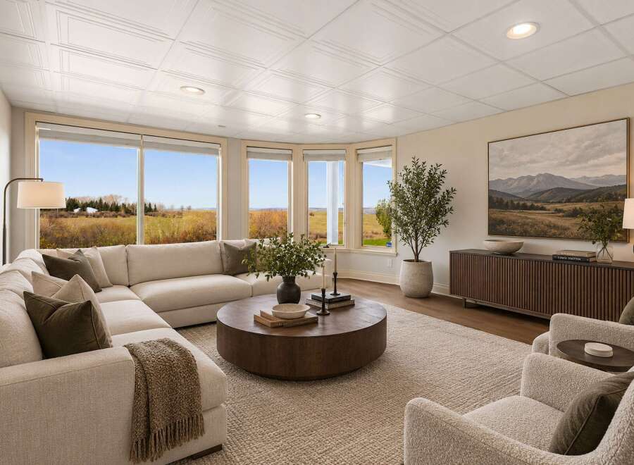 Experience breathtaking panoramic views from this stunning living room, featuring a large sectional sofa and a modern coffee table.