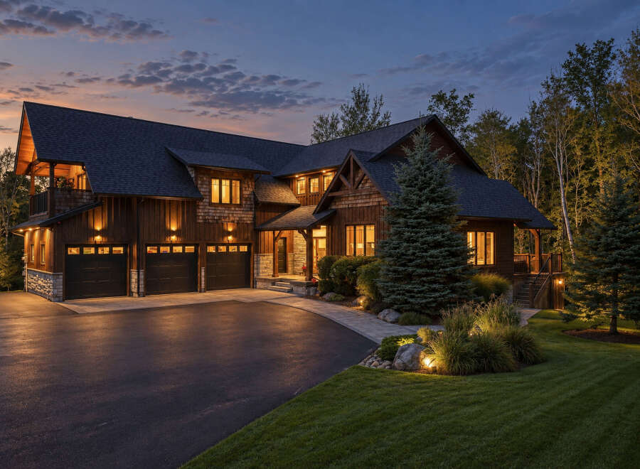Experience luxury living in this stunning custom-built home, featuring a grand entrance with stone accents and a spacious three-car garage.