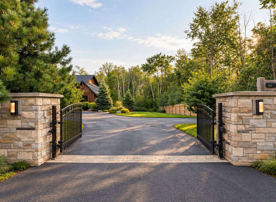 Welcome to this stunning property through elegant stone pillars and wrought iron gates.