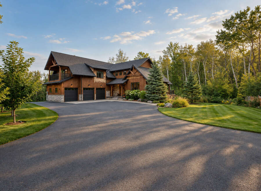 Experience luxury living in this stunning custom-built home, featuring a warm wood exterior and a spacious three-car garage.