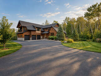 Experience luxury living in this stunning custom-built home, featuring a warm wood exterior and a spacious three-car garage.