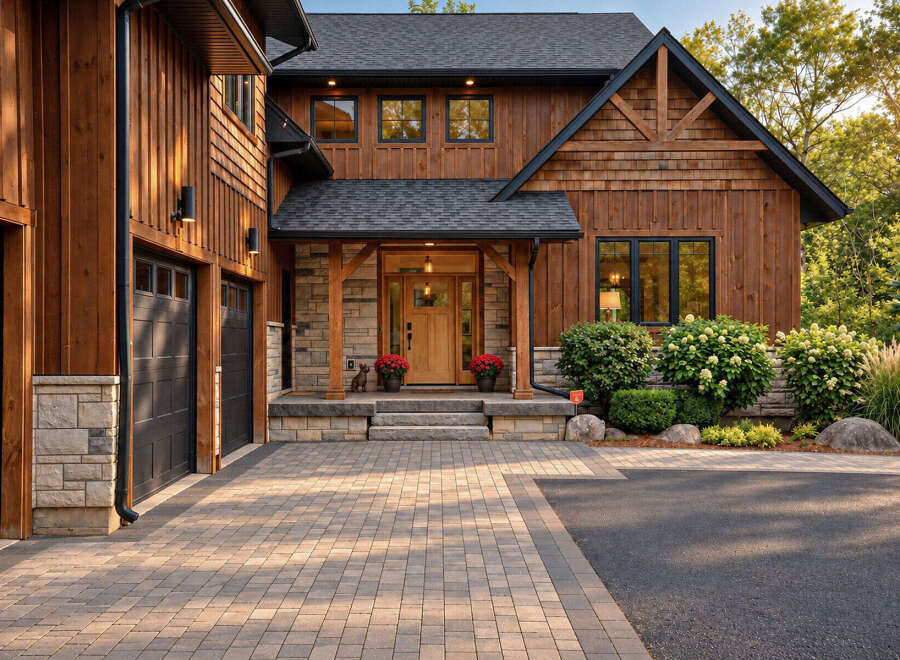 This stunning custom-built home features a beautiful blend of natural wood siding and stone accents, creating a warm and inviting lodge-like aesthetic.