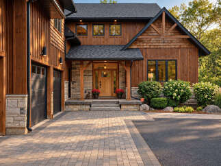This stunning custom-built home features a beautiful blend of natural wood siding and stone accents, creating a warm and inviting lodge-like aesthetic.