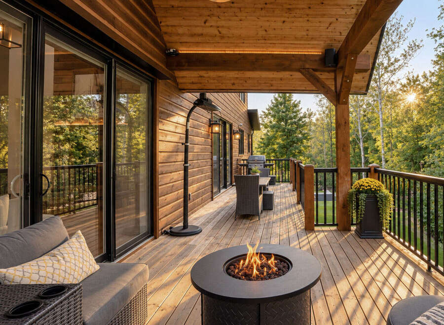 Experience outdoor living at its finest on this expansive wooden deck, complete with a cozy fire pit and comfortable seating.