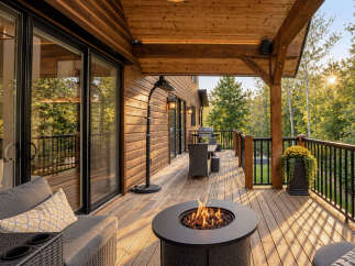 Experience outdoor living at its finest on this expansive wooden deck, complete with a cozy fire pit and comfortable seating.