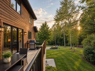 Enjoy outdoor living at its finest with this stunning property featuring a spacious wooden deck perfect for entertaining.
