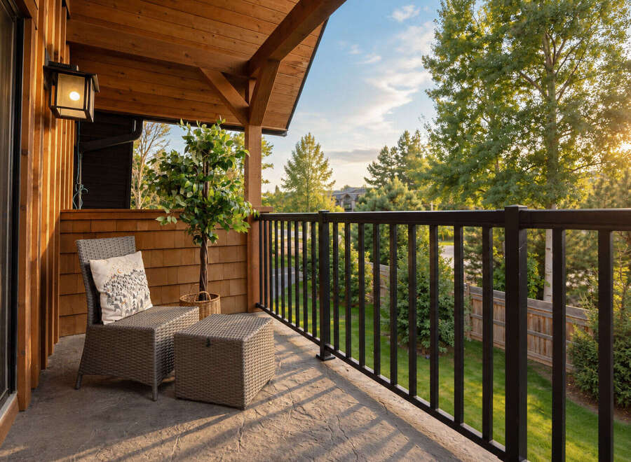 Enjoy your morning coffee or evening relaxation on this charming balcony, complete with comfortable seating and a decorative plant.