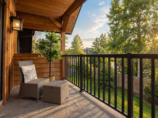 Enjoy your morning coffee or evening relaxation on this charming balcony, complete with comfortable seating and a decorative plant.