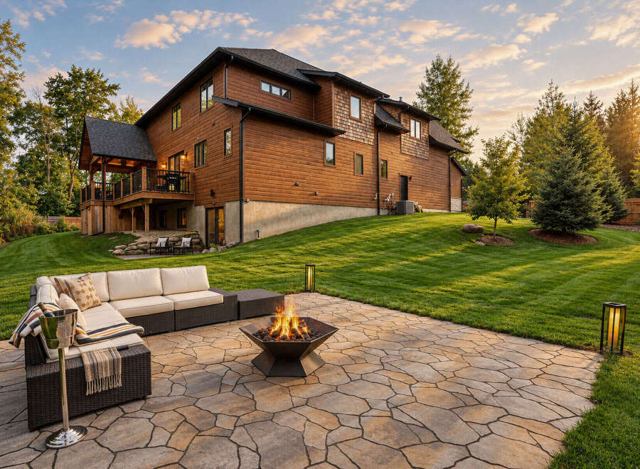 Experience outdoor living at its finest with this stunning backyard oasis, featuring a spacious stone patio perfect for entertaining.