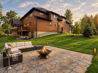 Experience outdoor living at its finest with this stunning backyard oasis, featuring a spacious stone patio perfect for entertaining.