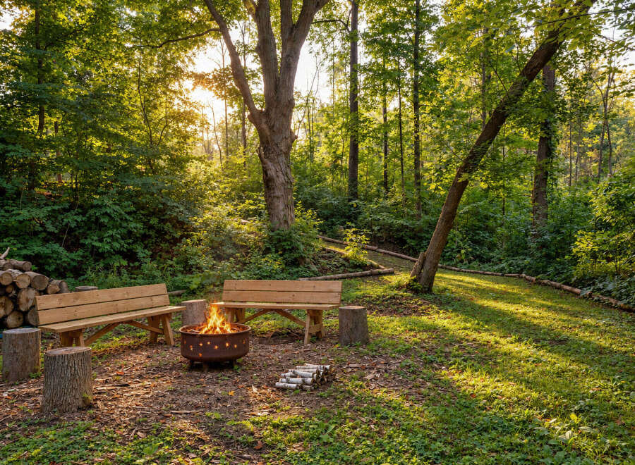 Experience the perfect outdoor retreat with this inviting fire pit area, nestled within a serene wooded landscape.