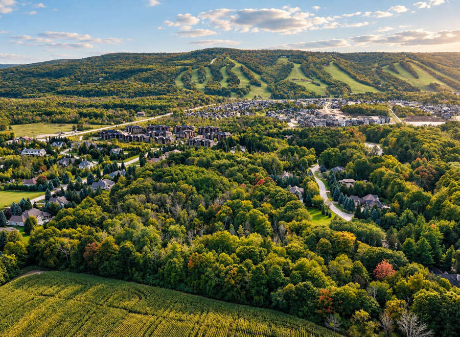 Experience the beauty of autumn in this stunning aerial view of a residential area nestled amongst vibrant fall foliage.