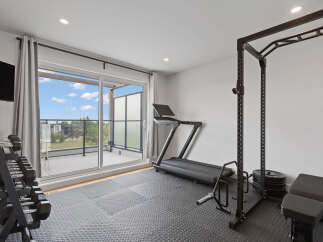 Elevate your fitness routine in this dedicated home gym, featuring a treadmill, power rack, and dumbbell set.