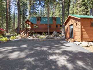 Nestled amidst towering pine trees, this charming cabin offers a serene mountain retreat.
