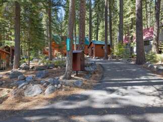 Nestled amongst tall pine trees, this charming property offers a serene mountain retreat.
