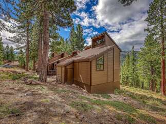 Nestled amongst tall pine trees, this charming brown wood-sided townhouse offers a serene mountain retreat.