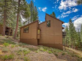 Nestled amongst tall pine trees, this charming brown wood-sided home offers a serene mountain retreat.