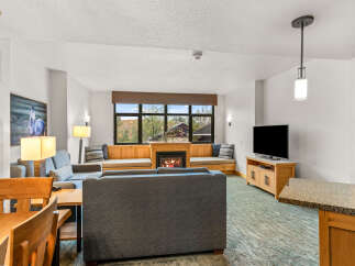 Cozy living room featuring a gas fireplace and large windows with scenic views.