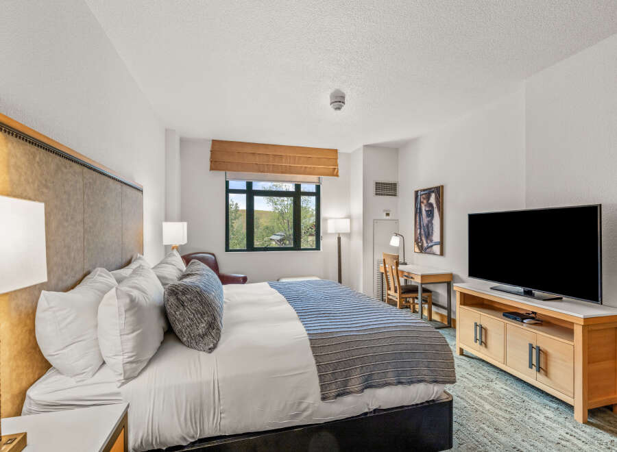 Experience comfort and style in this beautifully appointed hotel room, featuring a plush king-sized bed with crisp white linens and a decorative throw.