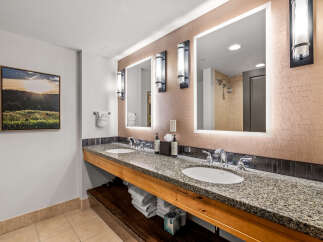 This luxurious bathroom features a spacious double vanity with granite countertops and modern chrome fixtures, perfect for any morning routine.