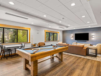 Enjoy leisure and entertainment in this spacious game room, featuring a professional billiard table and a comfortable lounge area.