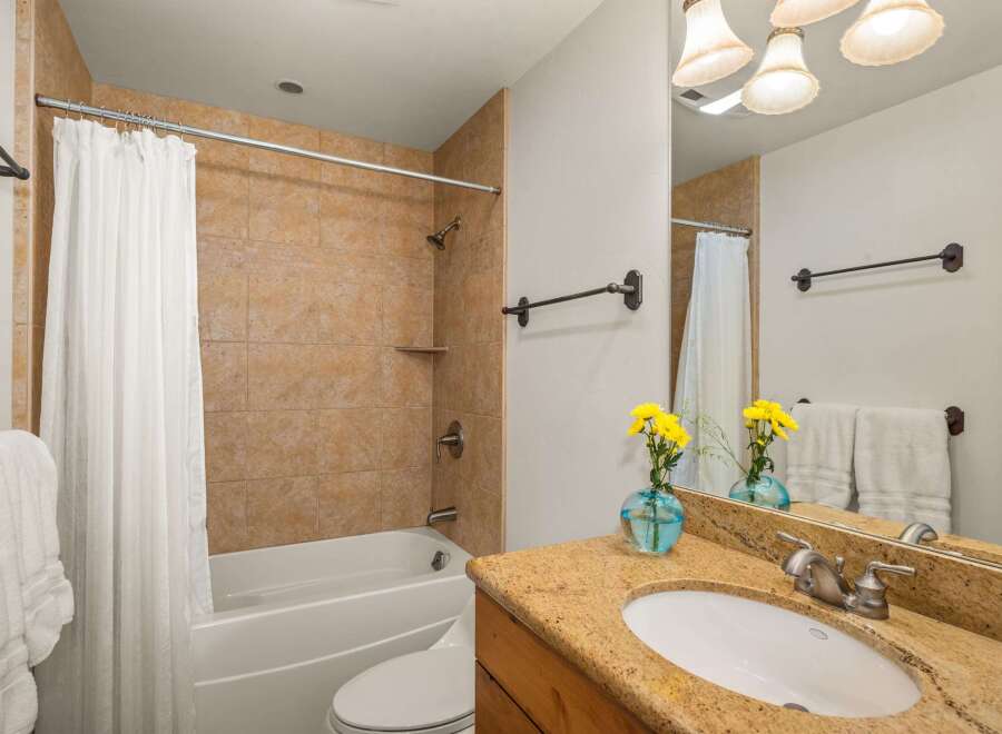 This charming bathroom features a tiled shower and tub combination, complemented by a granite-topped vanity with a modern sink and faucet.