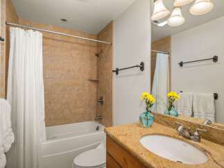 This charming bathroom features a tiled shower and tub combination, complemented by a granite-topped vanity with a modern sink and faucet.