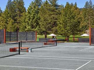 Enjoy a game of tennis on this pristine court, surrounded by lush green trees and a clear blue sky.