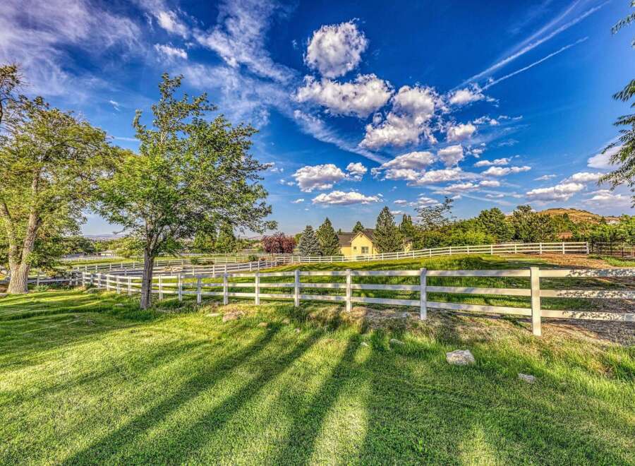Experience serene country living with this picturesque property, featuring a charming yellow house nestled amidst lush greenery and rolling hills.
