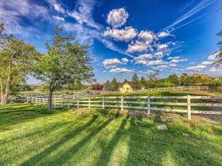 Experience serene country living with this picturesque property, featuring a charming yellow house nestled amidst lush greenery and rolling hills.
