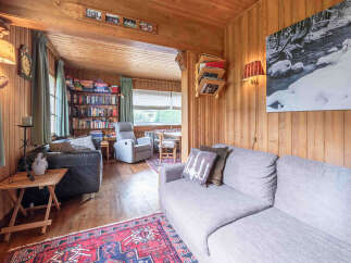 Step into a cozy living room featuring warm wood paneling throughout, creating a rustic and inviting atmosphere.