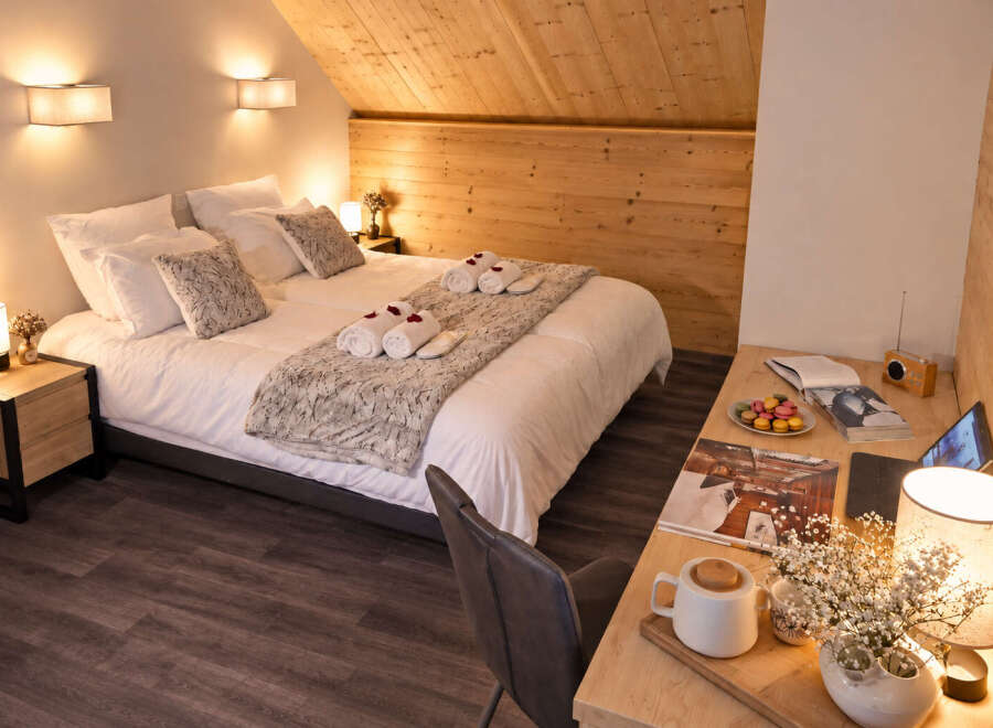 Experience cozy mountain living in this charming hotel room, featuring a comfortable queen-sized bed adorned with plush linens and decorative pillows.
