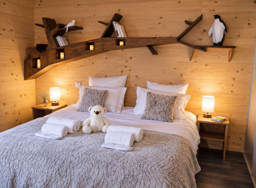 Experience cozy comfort in this charming bedroom, featuring a plush queen-sized bed adorned with soft linens and decorative pillows.