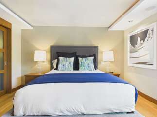Experience ultimate comfort in this master bedroom, featuring a plush king-sized bed adorned with decorative pillows and a cozy blue throw.