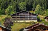 Experience the charm of alpine living in this stunning multi-story chalet nestled amidst lush green hills and a dense forest backdrop.