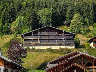 Experience the charm of alpine living in this stunning multi-story chalet nestled amidst lush green hills and a dense forest backdrop.