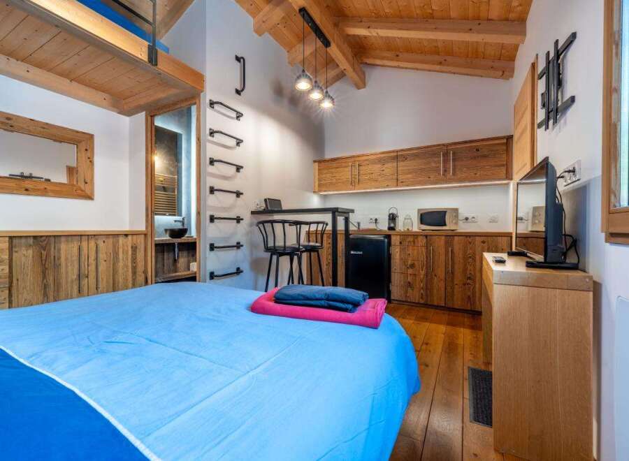 Experience cozy living in this charming studio apartment, featuring a comfortable bed with vibrant blue linens and a convenient kitchenette.