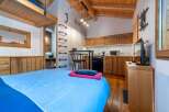 Experience cozy living in this charming studio apartment, featuring a comfortable bed with vibrant blue linens and a convenient kitchenette.