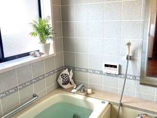 Experience tranquility in this serene bathroom featuring a deep soaking tub filled with clear, inviting water.