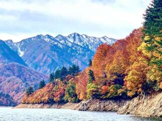 Experience breathtaking autumn foliage surrounding a serene lake, with majestic snow-capped mountains as a backdrop.