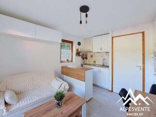 Discover this charming studio apartment featuring a cozy living area with a comfortable sofa and a modern kitchenette equipped for your culinary needs.