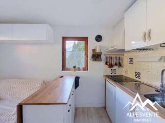 Discover this charming studio apartment featuring a compact yet functional kitchen area with modern cabinetry and a sleek induction stovetop.