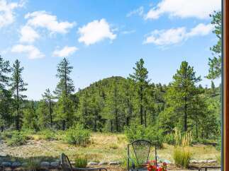 Enjoy breathtaking mountain views from this stunning property, framed by mature pine trees and lush greenery.