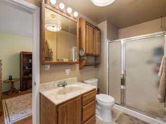 This bathroom features a wooden vanity with a marble countertop and a built-in sink, complemented by a large mirrored medicine cabinet above.