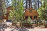 Nestled among tall pine trees, this charming cabin offers a serene mountain retreat.