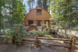 Charming rustic cabin nestled amongst tall pine trees, offering a serene mountain getaway.