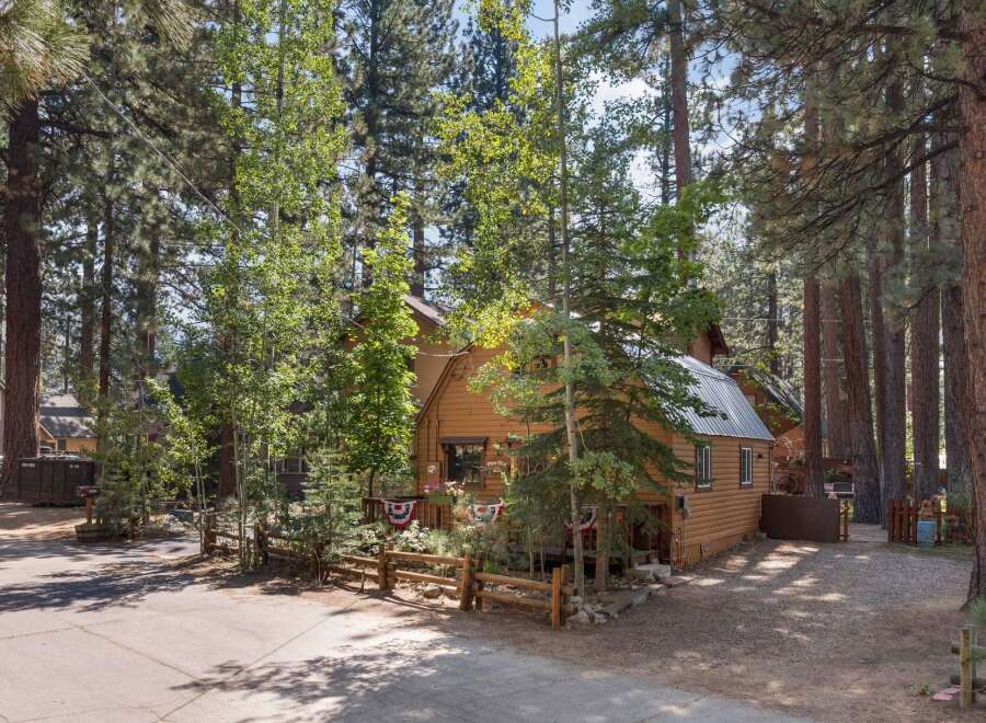 Nestled amongst tall pine trees, this charming cabin offers a rustic retreat with its warm wood siding and inviting porch.