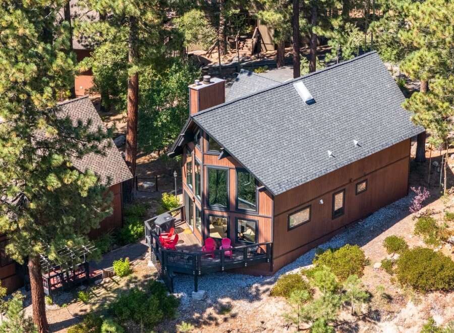 Nestled amidst tall pine trees, this charming brown cabin offers a serene mountain retreat.