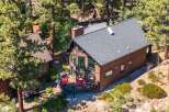 Nestled amidst tall pine trees, this charming brown cabin offers a serene mountain retreat.