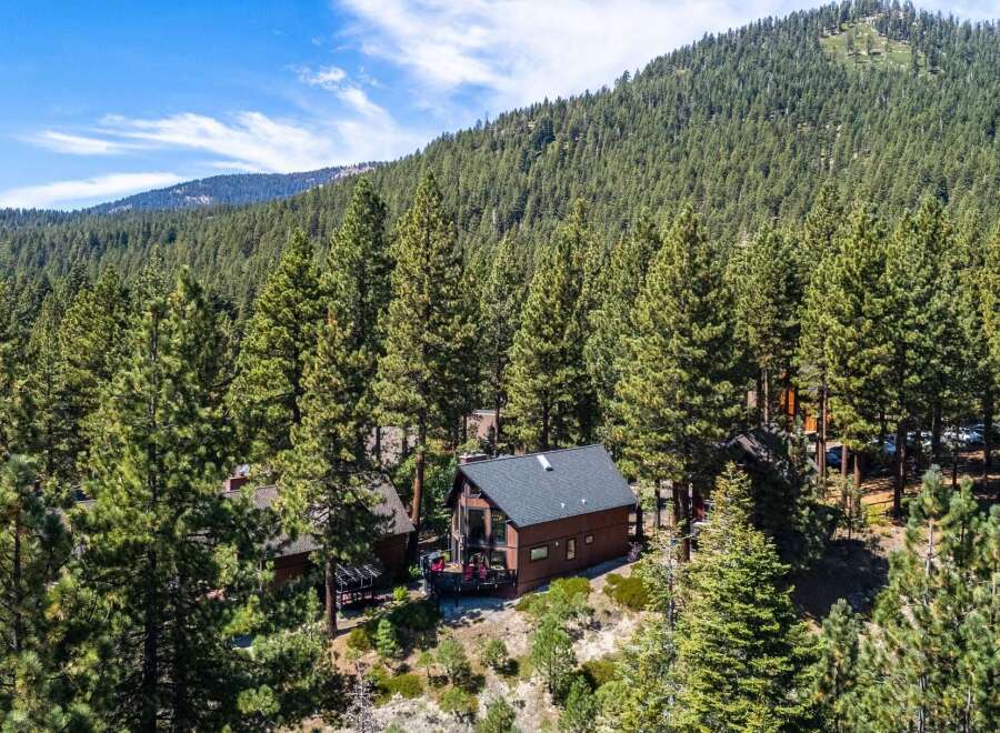 Nestled amidst a lush pine forest, this charming cabin offers a serene mountain retreat.